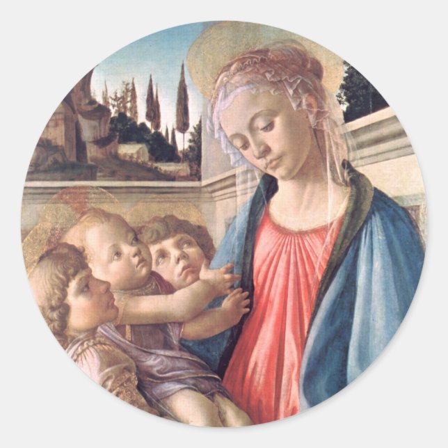 Pegatina Redonda Madonna y niño Dos ángeles Botticelli Bella Artes (Anverso)