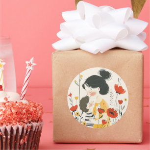 Pegatina Redonda Madre abrazando a su hijo