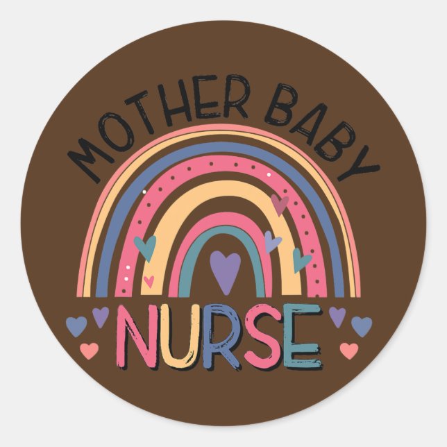 Pegatina Redonda Madre bebé enfermera Rainbow Postpartum Enfermera (Anverso)