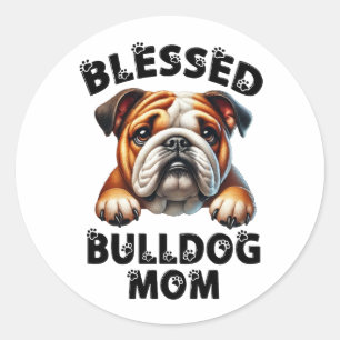 Pegatina Redonda Madre Bulldog Afortunada Amor Perrito Cute Perro
