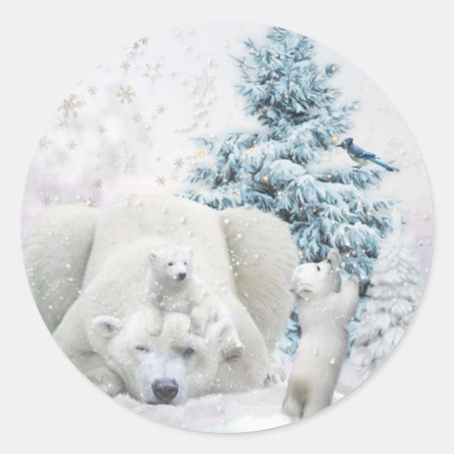 Pegatina Redonda Madre de oso polar cansada con bebés (Anverso)