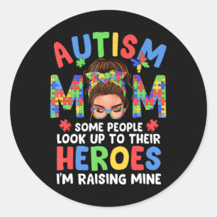 Pegatina Redonda Madre del autismo criando a héroe Groovy desordena