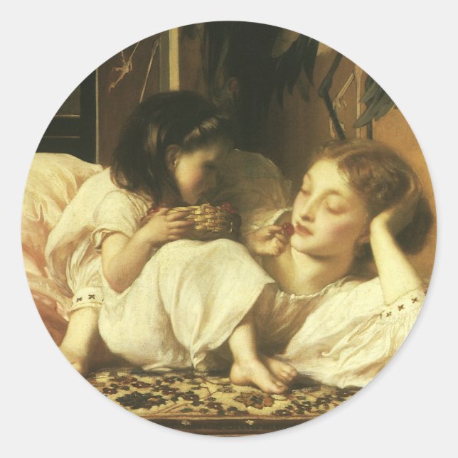 Pegatina Redonda Madre e hijo (alias cerezas) por Lord Leighton (Anverso)