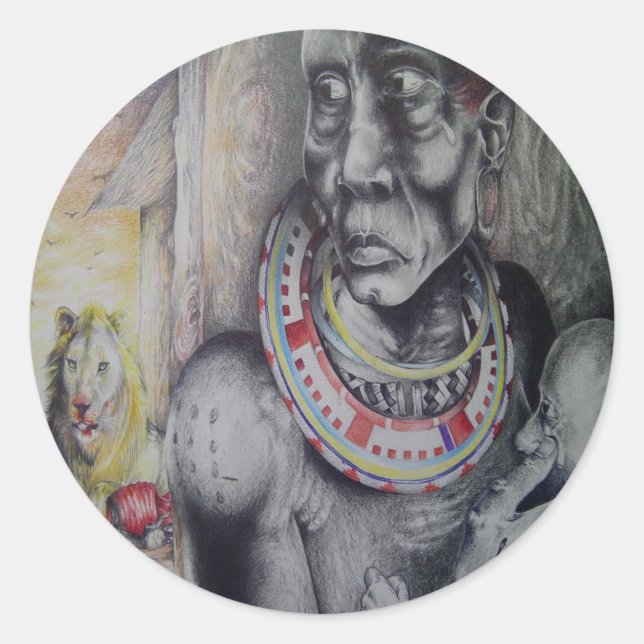 Pegatina Redonda Madre e hijo masái con arte de león impreso/gráfic (Anverso)