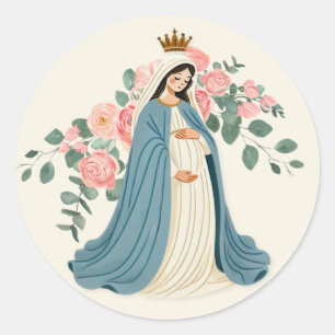 Pegatina Redonda Madre embarazada María Floral Religiosa