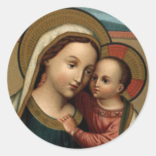 Pegatina Redonda Madre María y bebé Navidades de Jesucristo