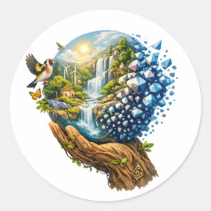 Pegatina Redonda Madre Naturaleza Surrealista Sosteniendo la Tierra