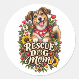 Pegatina Redonda Madre Perro Rescatado Huella de Garra Floral Perro