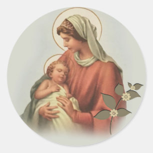 Pegatina Redonda Madre Virgen María y Niño Jesús