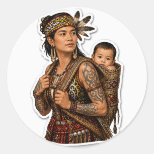 PEGATINA REDONDA MADRE Y BEBÉ DAYAK TRIBAL ARTE BORNEO