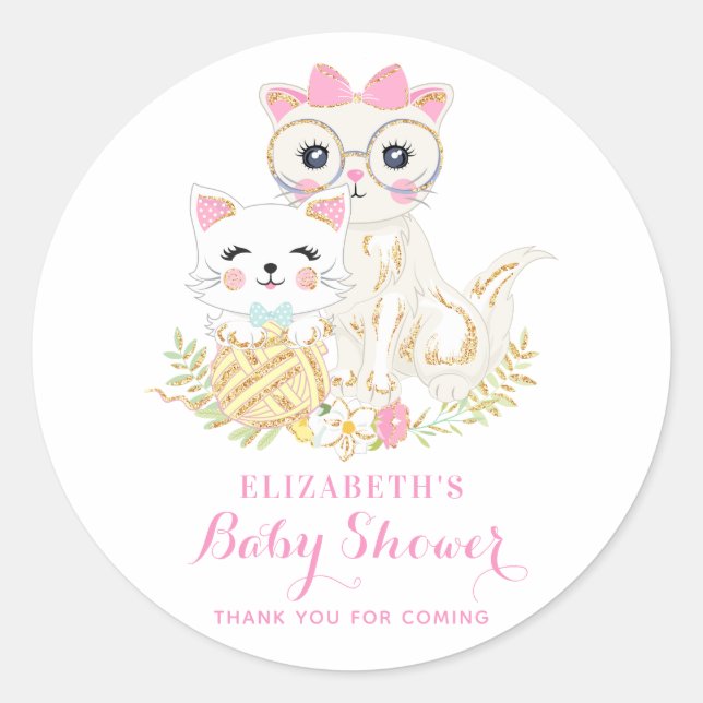 Pegatina Redonda Madre y hija, gatos, Baby Shower floral (Anverso)