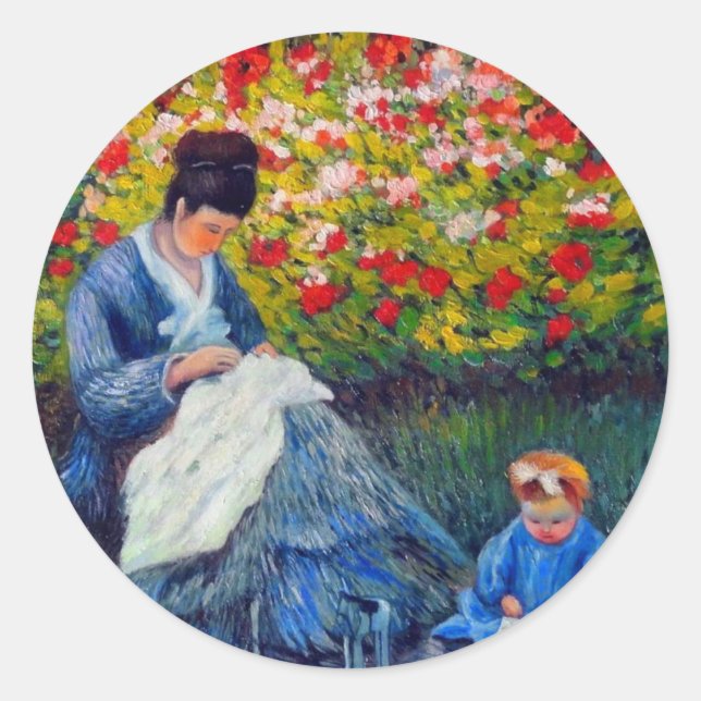 Pegatina Redonda Madre y niño monet en el jardín (Anverso)