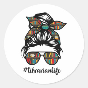 Pegatina Redonda Maestra bibliotecaria vida de moño desordenado lib