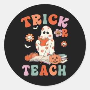 Pegatina Redonda Maestra De Fantasma Floral Trick O Teach Retro Gro