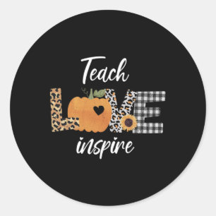 Pegatina Redonda Maestra Enseñar Amor Inspire Caer Calabaza de Otoñ