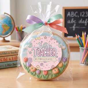 Pegatina Redonda Maestra Letras Rosadas Patrón Escolar