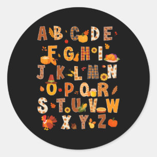 Pegatina Redonda Maestra Niños Alphabet Turquía Calabaza Otoño Grac
