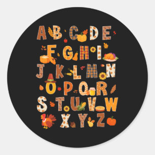 Pegatina Redonda Maestra Niños Alphabet Turquía Calabaza Otoño Grac
