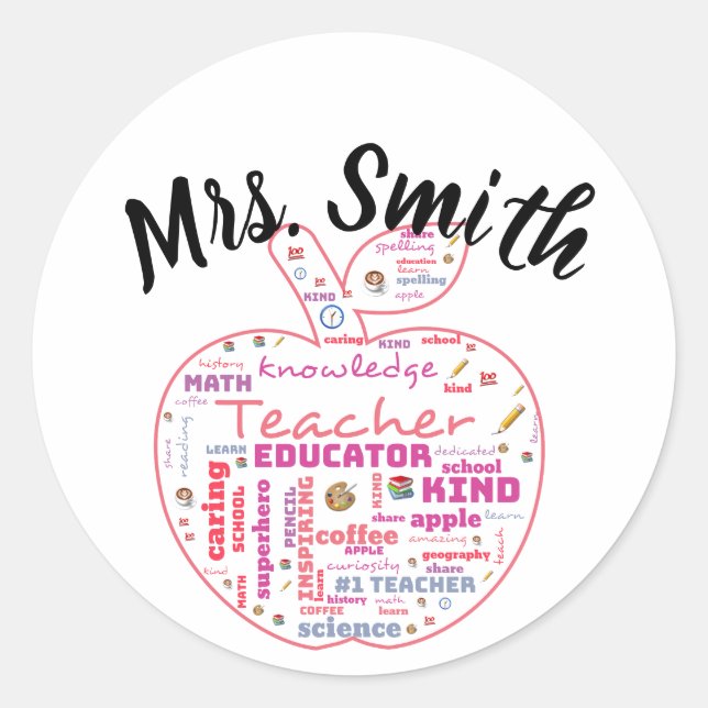 Pegatina Redonda Maestra personalizada Apple Word Art (Anverso)