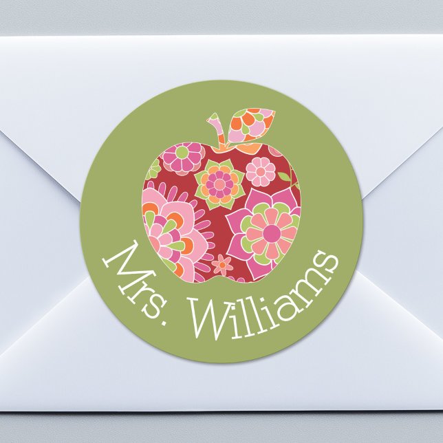 Pegatina Redonda Maestra personalizado Apple con patrón floral de m (Custom Sticker for Party Favors, Classroom Identification or Envelopes)
