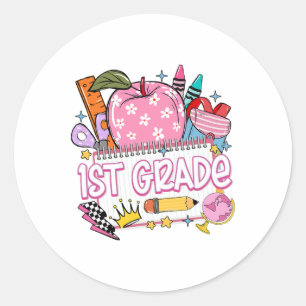 Pegatina Redonda Maestro de 1er Grado Regreso a la Escuela Cuaderno