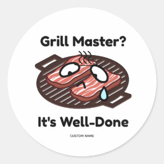 Pegatina Redonda Maestro de la Parrilla Bien Hecho Regalo Divertido