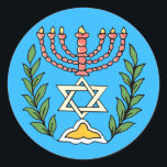 Pegatina Redonda Magen persa David Menorah<br><div class="desc">Esta imagen fue adaptada de una antigua teja judía persa y cuenta con una menorah con un Magen David (Estrella de David) enmarcado por ramas de olivo. Se han conservado las imperfecciones de la imagen original pintada a mano.</div>