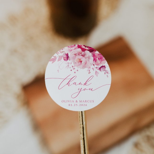 Pegatina Redonda Magenta Boda Floral Rosa Caliente Gracias Por Favo (Subido por el creador)