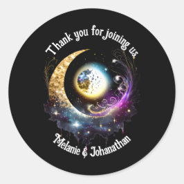 Pegatina Redonda Magenta celestial de estrellas de luna llena