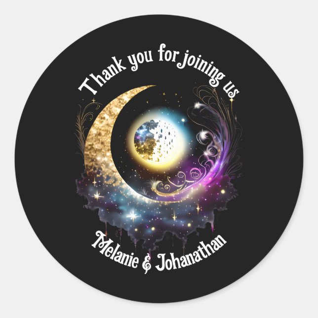 Pegatina Redonda Magenta celestial de estrellas de luna llena (Anverso)