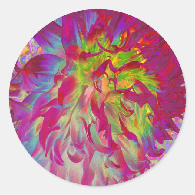 Pegatina Redonda Magenta psicodélica y flor de dalia amarilla (Anverso)