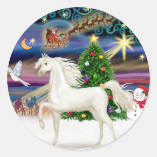 Pegatina Redonda Magia de Navidad - Caballo Árabe Blanco