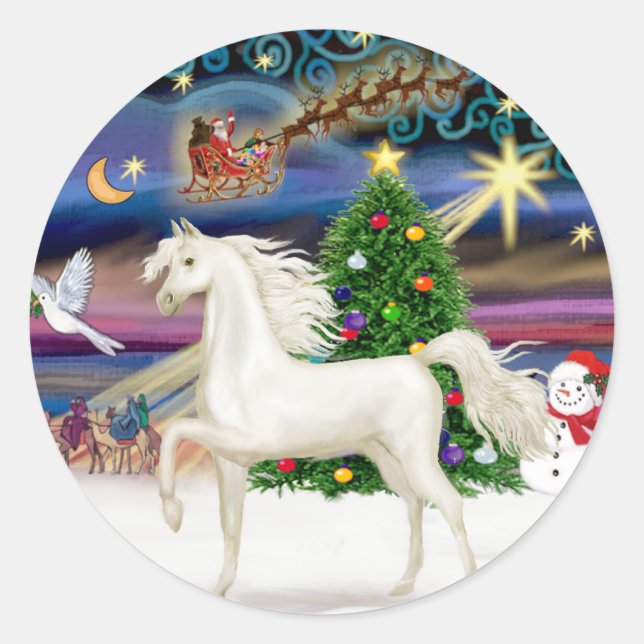 Pegatina Redonda Magia de Navidad - Caballo Árabe Blanco (Anverso)