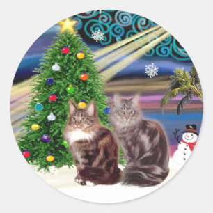 Pegatina Redonda Magia de Navidad - Dos gatos Maine Coon