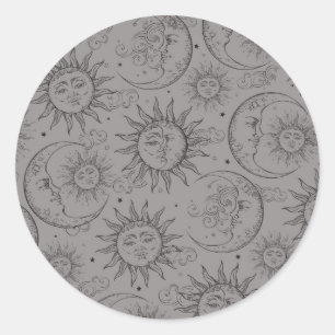 Pegatina Redonda Magia Gris Vintage Sol Luna Estrellas Fiesta Celes