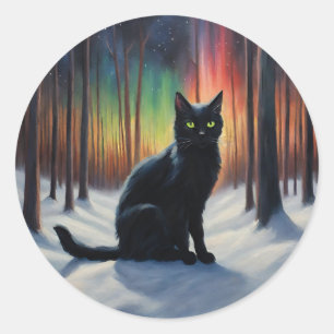 Pegatina Redonda Magia iluminada por la luna: un gato negro en el b