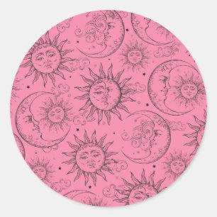 Pegatina Redonda Magia Rosa Vintage Celestial Sol Luna Estrellas