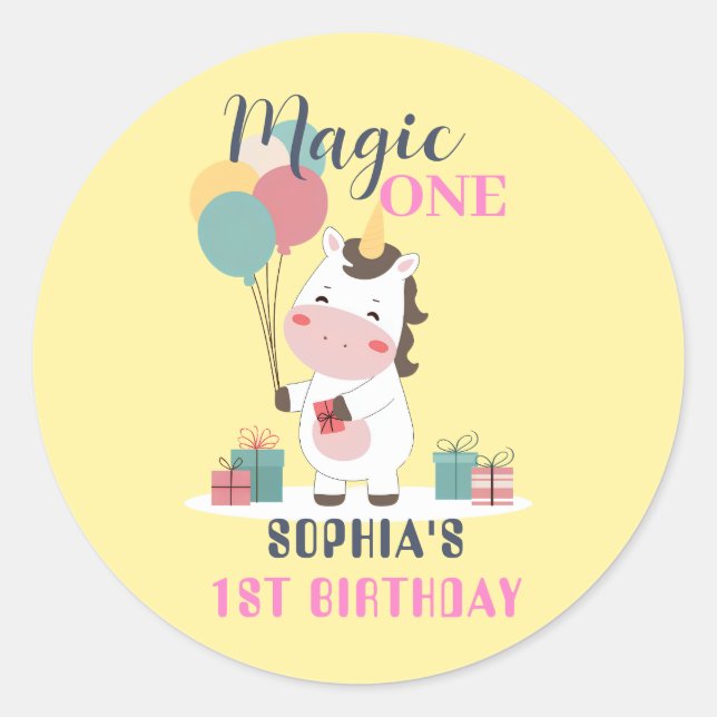 Pegatina Redonda Magic One Unicorn 1st Birthday (Anverso)