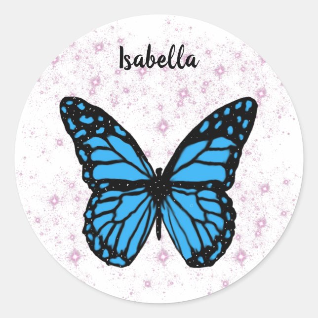 Pegatina Redonda Magical blue butterfly pink glitter art (Anverso)