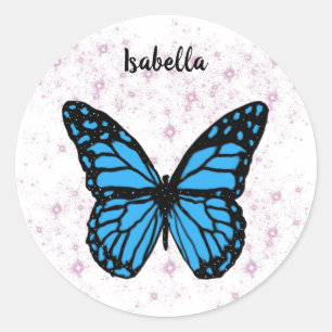 Pegatina Redonda Magical blue butterfly pink glitter art