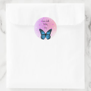 Pegatina Redonda Magical blue butterfly pink glitter art