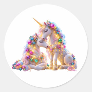 Pegatina Redonda Magical Mother and Baby Unicorn Pastel Rainbow Rou