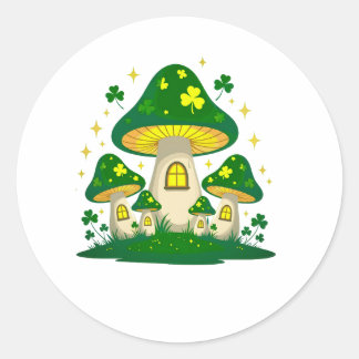 Pegatina Redonda Magical Mushroom Village With Glowing