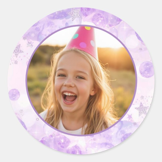 Pegatina Redonda Magical Purple Bubbles Photo Birthday  (Anverso)