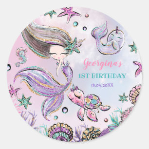 Pegatina Redonda Magical Under Sea Mermaid Baby Girl Cumpleaños