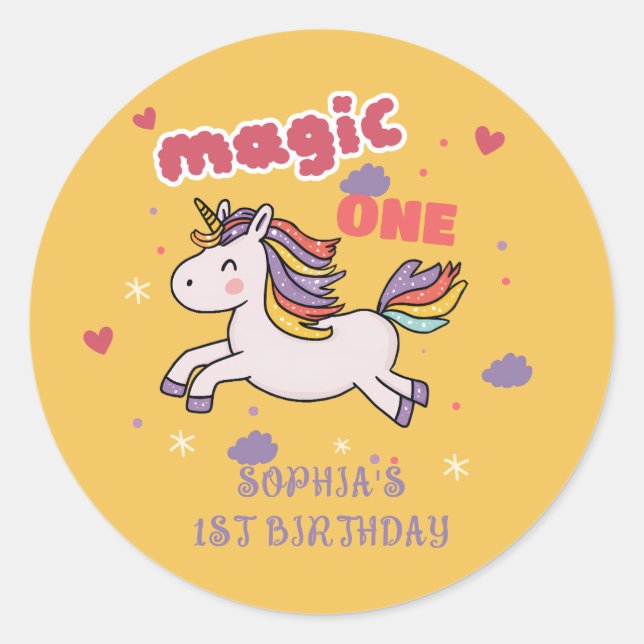 Pegatina Redonda Magical Unicorn 1st Birthday Invitation (Anverso)