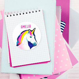 Pegatina Redonda Magical Unicorn with Stars Girl Name