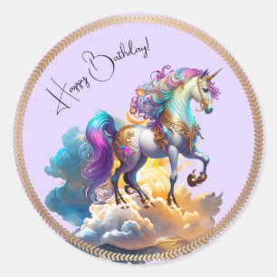 Pegatina Redonda Magical Unicornio Fantasy nubes romance cumpleaños