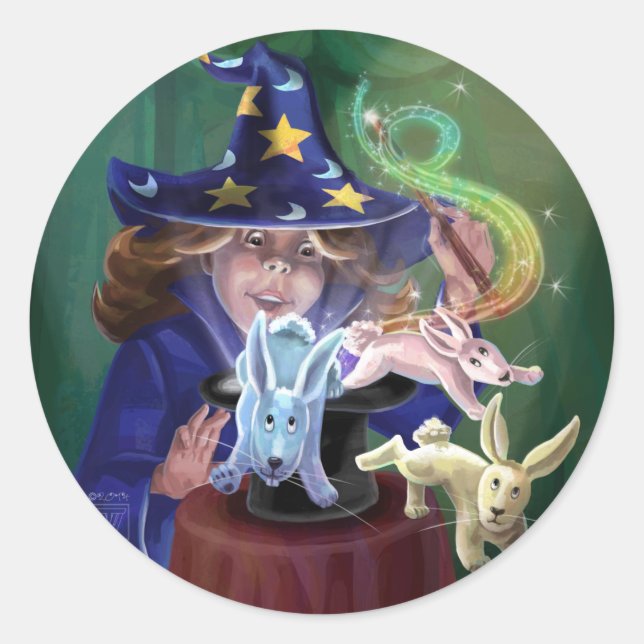 Pegatina Redonda Magician sacando conejos de un Gorra (Anverso)