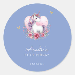 Pegatina Redonda Magico unicornio lindo favorito de cumpleaños azul